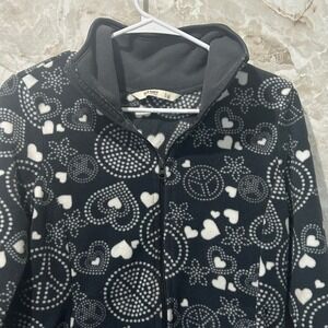 Old Navy Fleece Jacket Full Zip Black White Hearts Peace Sign Small S‎